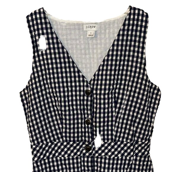J. Crew Factory V Neck Button Front Navy Gingham Sleeveless Dress 0 Lined - Picture 2 of 9